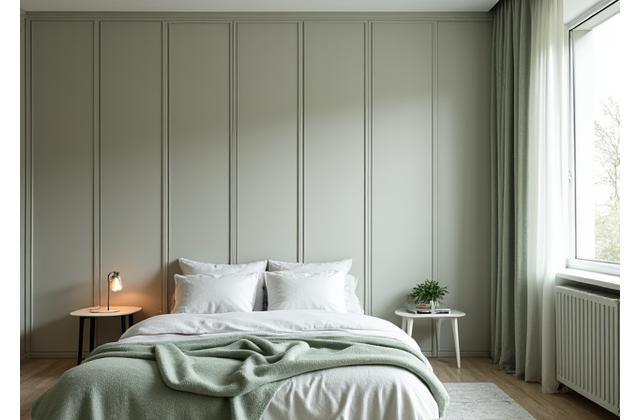 Minimalistisk soverom med innbyggde garderober og beroligende farger.
