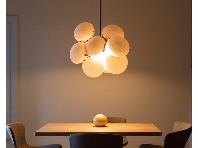 Moderne, skulpturell lysarmatur med naturlige materialer over et spisebord