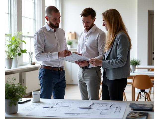 Interiørkonsulent som diskuterer designplaner med klienter i et lyst studio