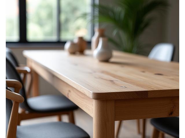 Nydelig, spesialdesignet trebord i et moderne hjem med lyse naturlige farger
